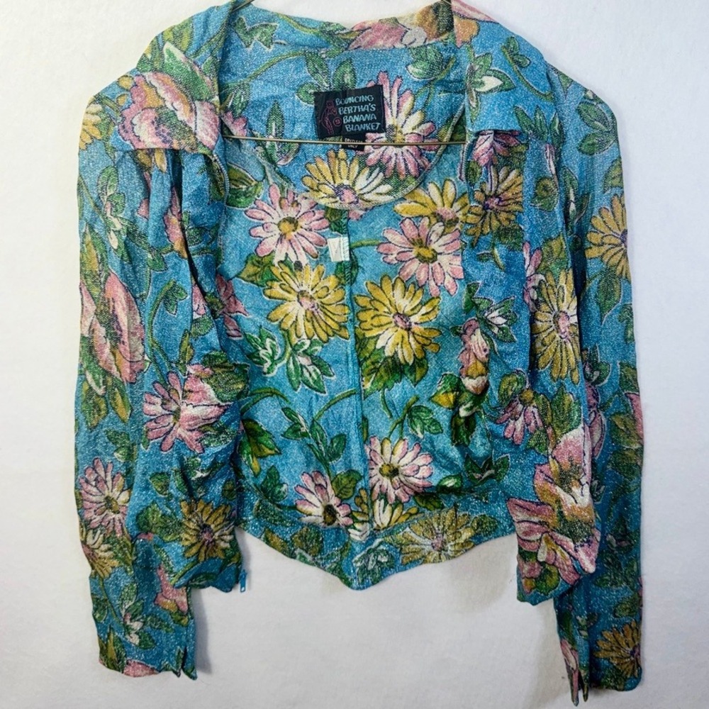 70s Disco Glam Metallic FloralVintage Zip Jacket Bouncing Bertha Blue Pink Sz 9 - Picture 12 of 13